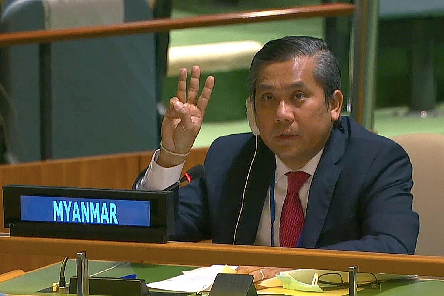 Myanmar's envoy to the UN, Mr Kyaw Moe Tun, flashing the anti-junta salute after a speech calling for international action last month.