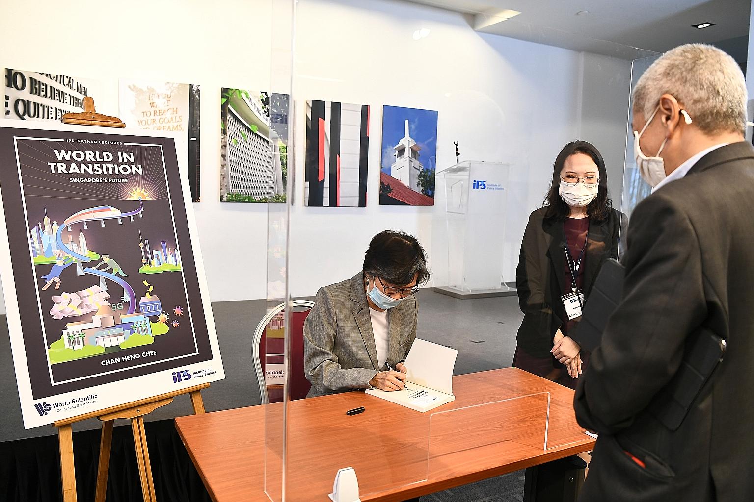 Professor Chan Heng Chee (left) at the launch of her book, World In Transition: Singapore's Future, yesterday. The book, written in the diplomat's capacity as the Institute of Policy Studies' seventh S R Nathan Fellow for the Study of Singapore, coll