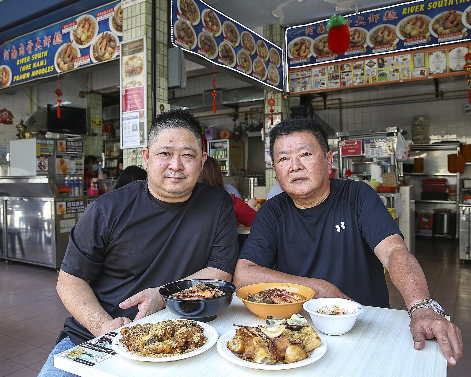 Micro 2000 operations director Bobby Tay (far left) learnt the ropes for River South (Hoe Nam) Prawn Noodles from Mr Png Aik Seng (left), who is still involved in the business.