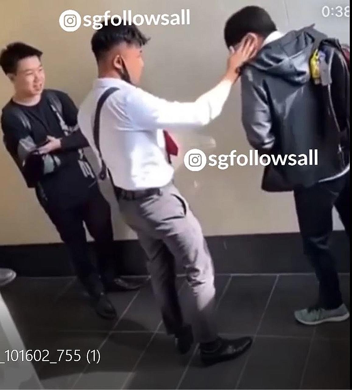 In a video that spread on social media, the main aggressor is seen slapping and kicking the victim in a men's toilet at ITE College Central.