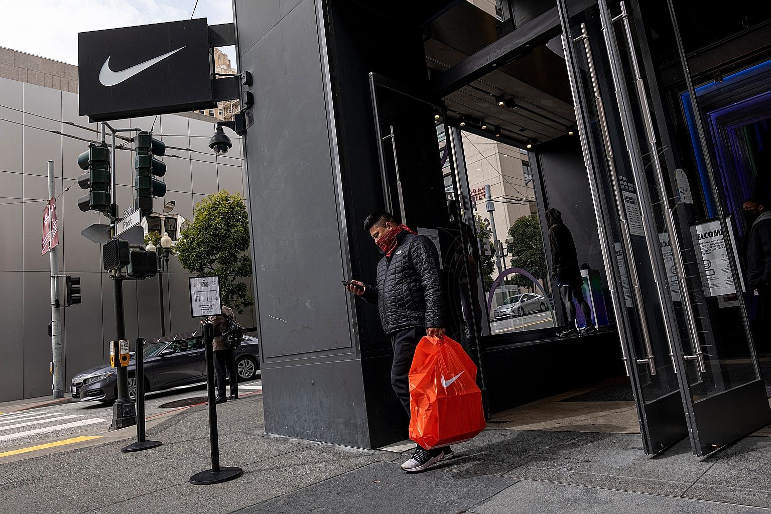 A Nike store in San Francisco. North American revenue declined 10 per cent, partly because of port congestion and container shortages.