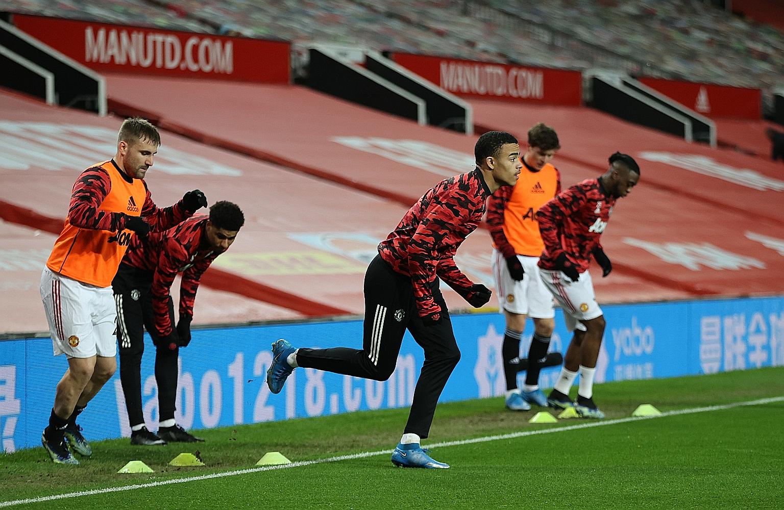 Manchester United's Mason Greenwood (centre), who will spearhead their attack today, has yet to find his feet this season. He has scored only four goals in 38 games in all competitions. PHOTO: REUTERS