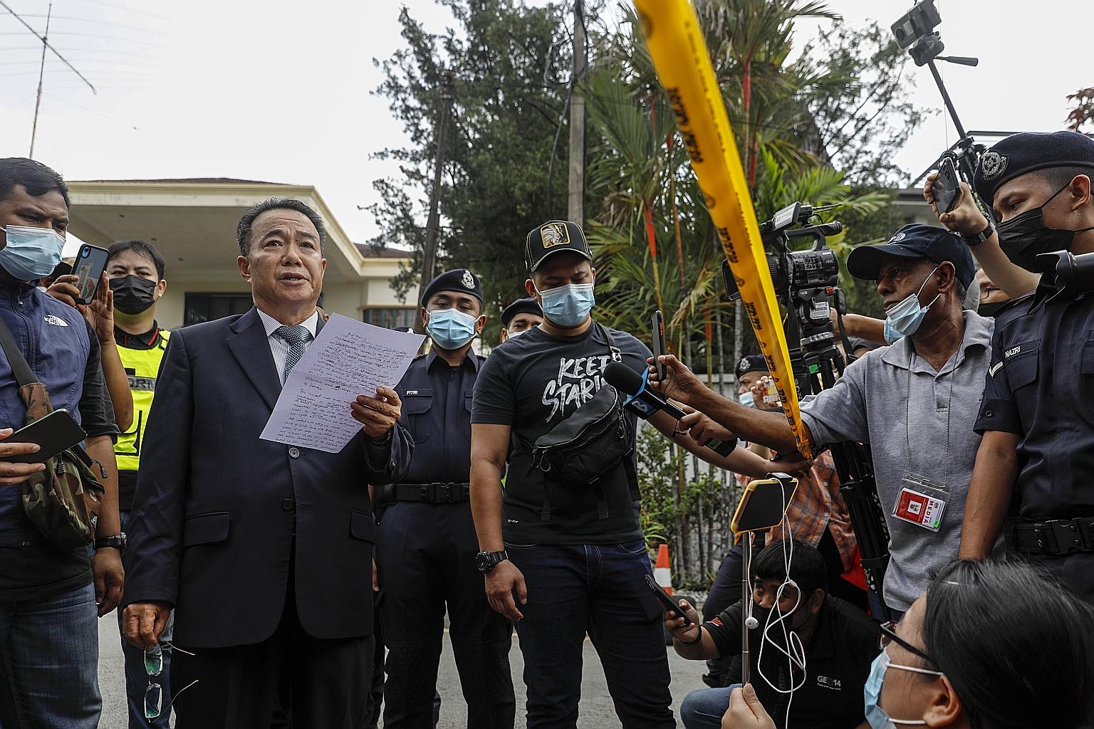 North Korean charge d'affaires Kim Yu Song yesterday accused Malaysia of siding with Washington in a "conspiracy" against Pyongyang, and committing a "large hostile act". He made the statement outside his country's embassy in Kuala Lumpur, before he 