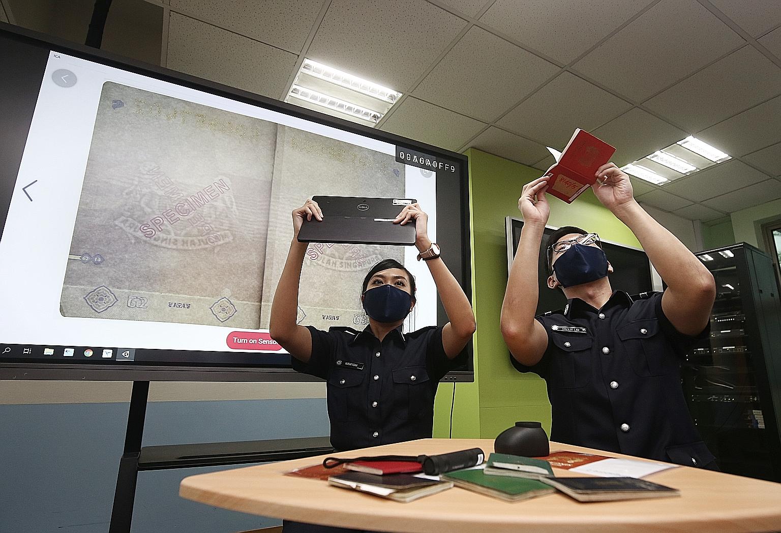 ICA officers showing how the app uses augmented reality (left) to enable them to tilt the passports to look for signs of forgery, in the way they are able to, with a physical passport (right).
