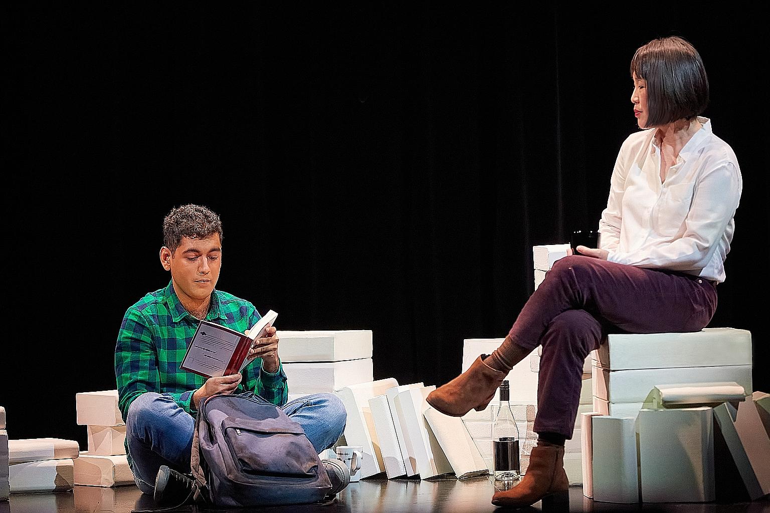 Krish Natarajan (far left) and Serene Chen (left) play a troubled university student and his professor in The Sound Inside.