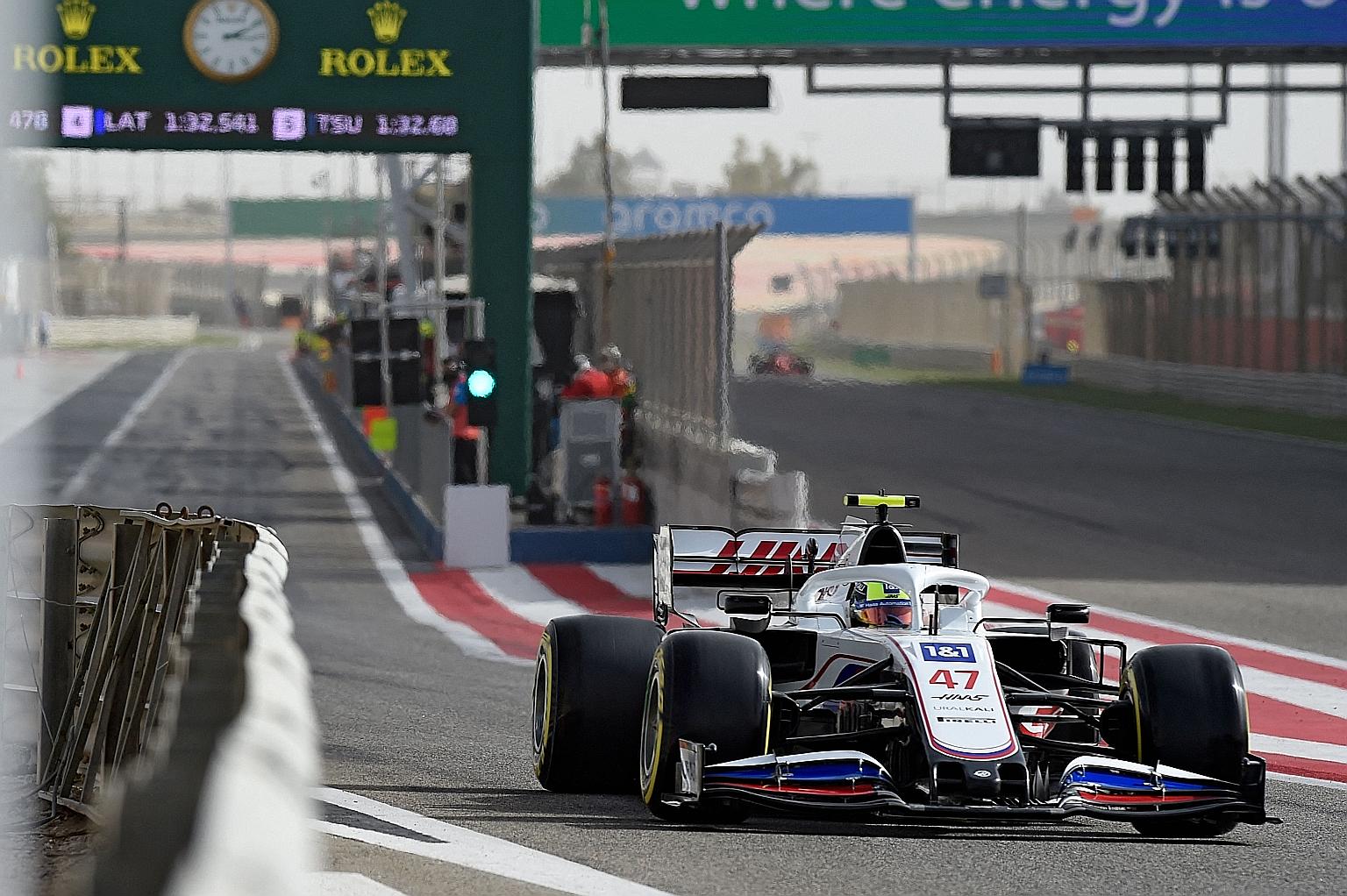 Haas' German driver Mick Schumacher exits the pit lane during F1 pre-season testing in Sakhir. This weekend, the initials MSC will appear on the time sheets for the first time in nine seasons when he makes his debut.