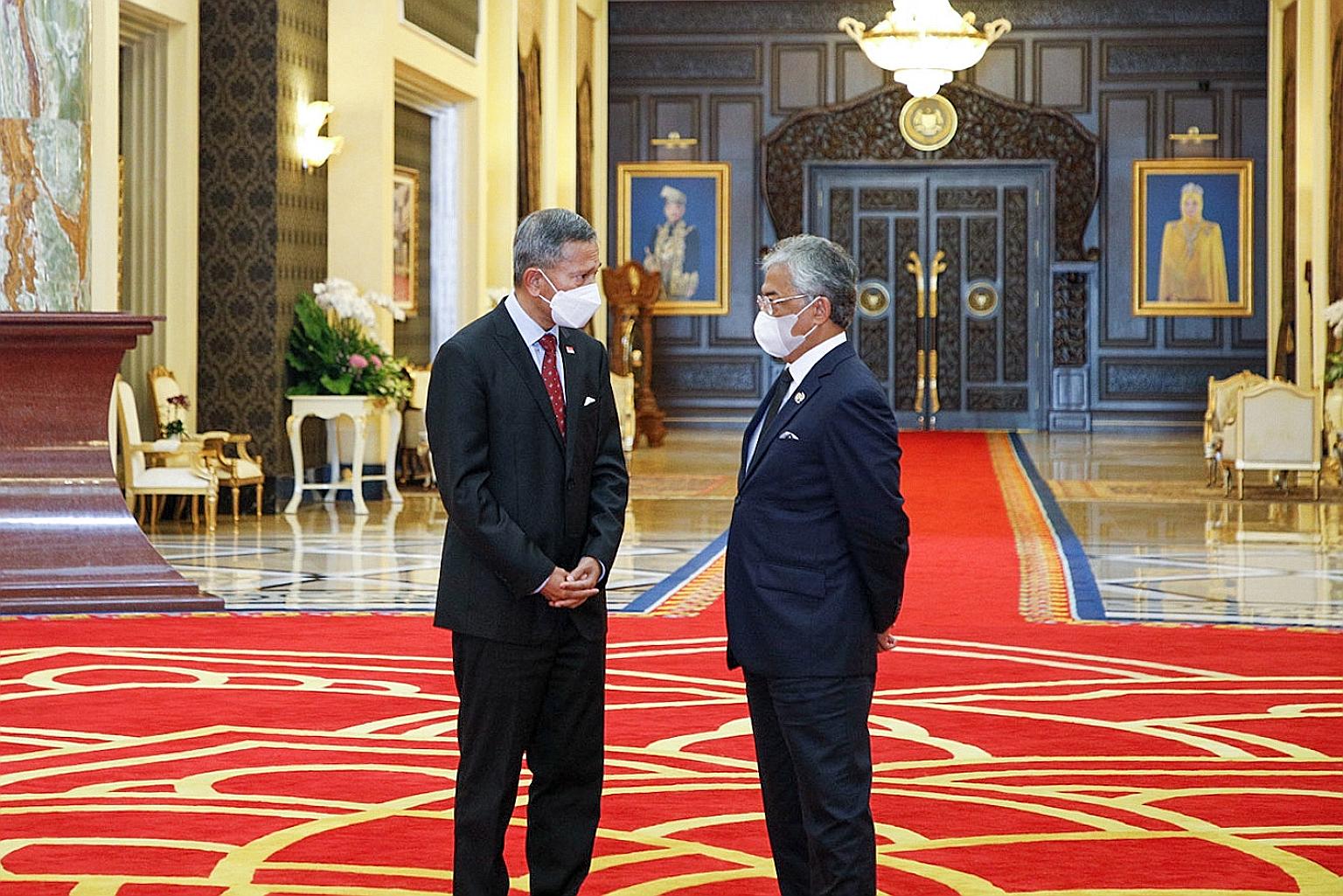 Singapore's Foreign Minister Vivian Balakrishnan calling on Malaysia's King, Sultan Abdullah Ahmad Shah, yesterday on the second day of his two-day visit to Malaysia. Dr Balakrishnan also met Malaysia's Senior Minister and Minister of International T