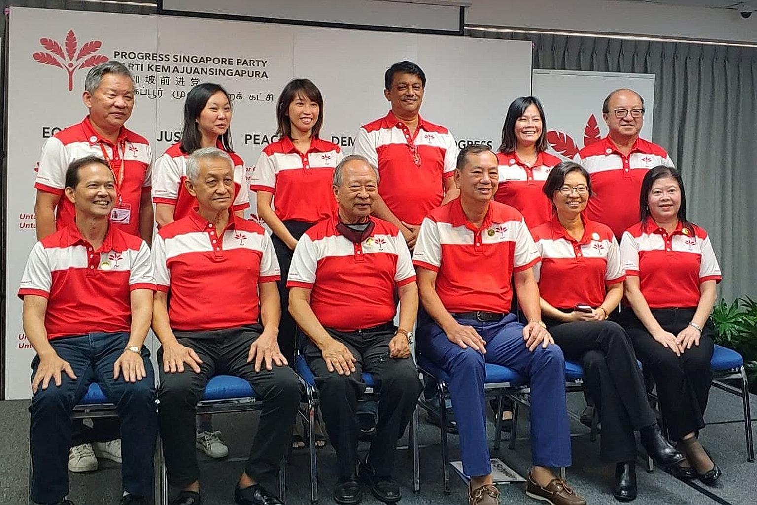 The Progress Singapore Party's new Central Executive Committee comprising (clockwise from top left) Mr Phang Yew Huat, Ms Wendy Low, Ms Jess Chua, Mr Harish Pillay, Ms Kayla Low, Dr Ang Yong Guan, Ms Peggie Chua, Ms Hazel Poa, Mr Francis Yuen, Dr Tan