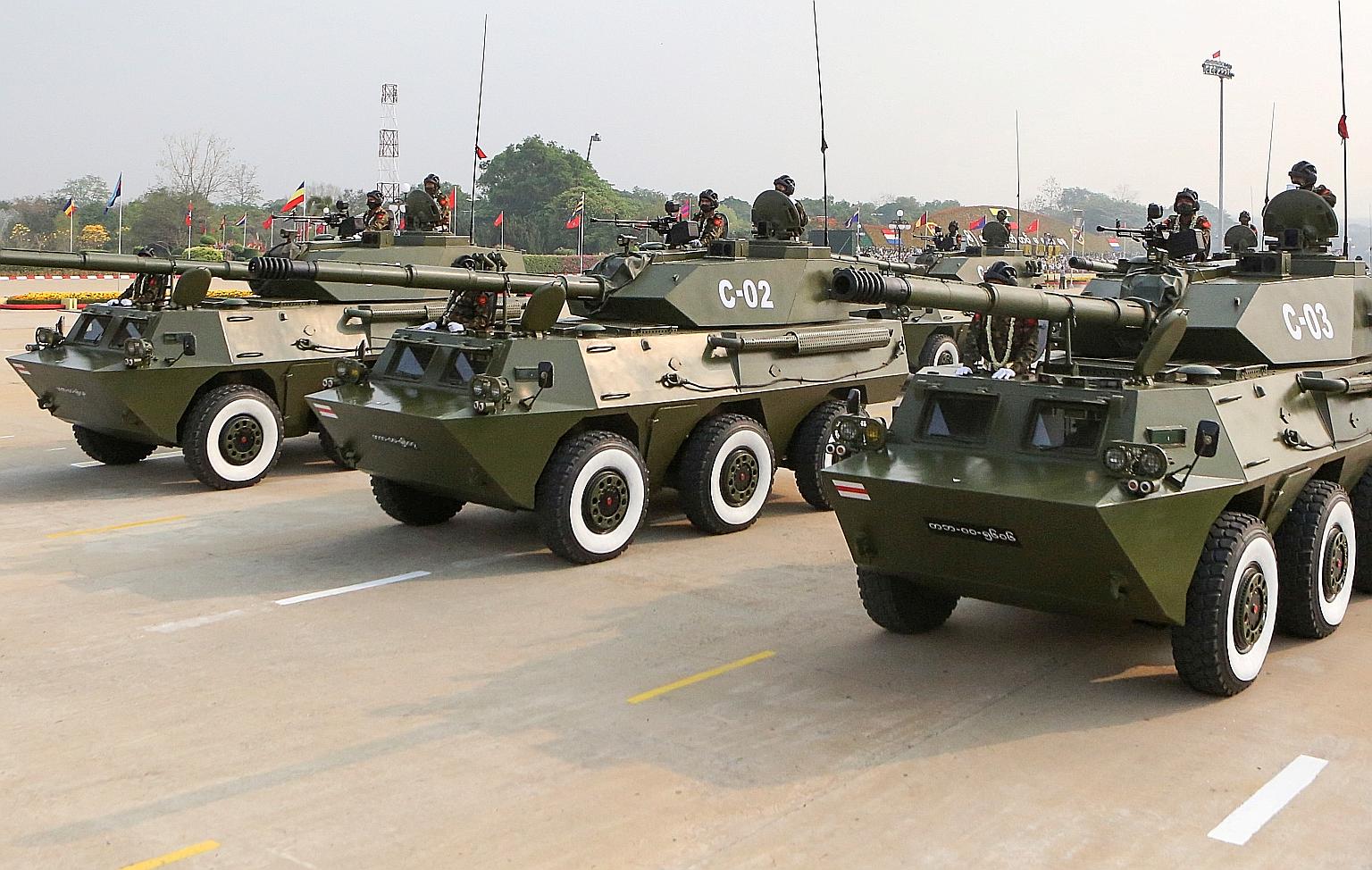 Armoured vehicles participating in the Armed Forces Day parade in Naypyitaw last Saturday. A steady diet of propaganda feeds soldiers notions of enemies at every corner, interviews revealed. The cumulative effect is a bunkered worldview in which orde