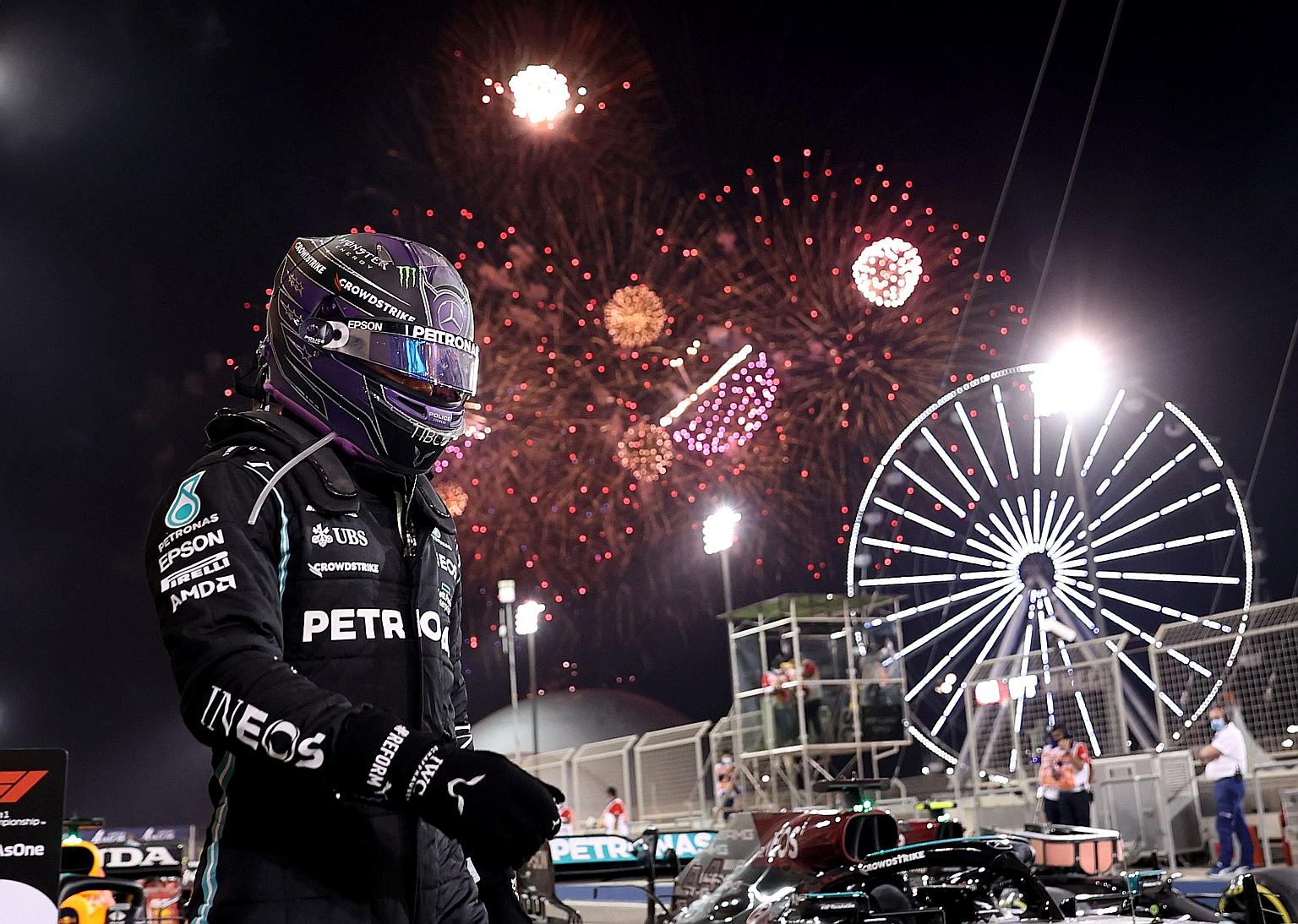 Mercedes' Lewis Hamilton celebrating his Bahrain Grand Prix win last Sunday. He pipped Red Bull's Max Verstappen despite an inferior car.