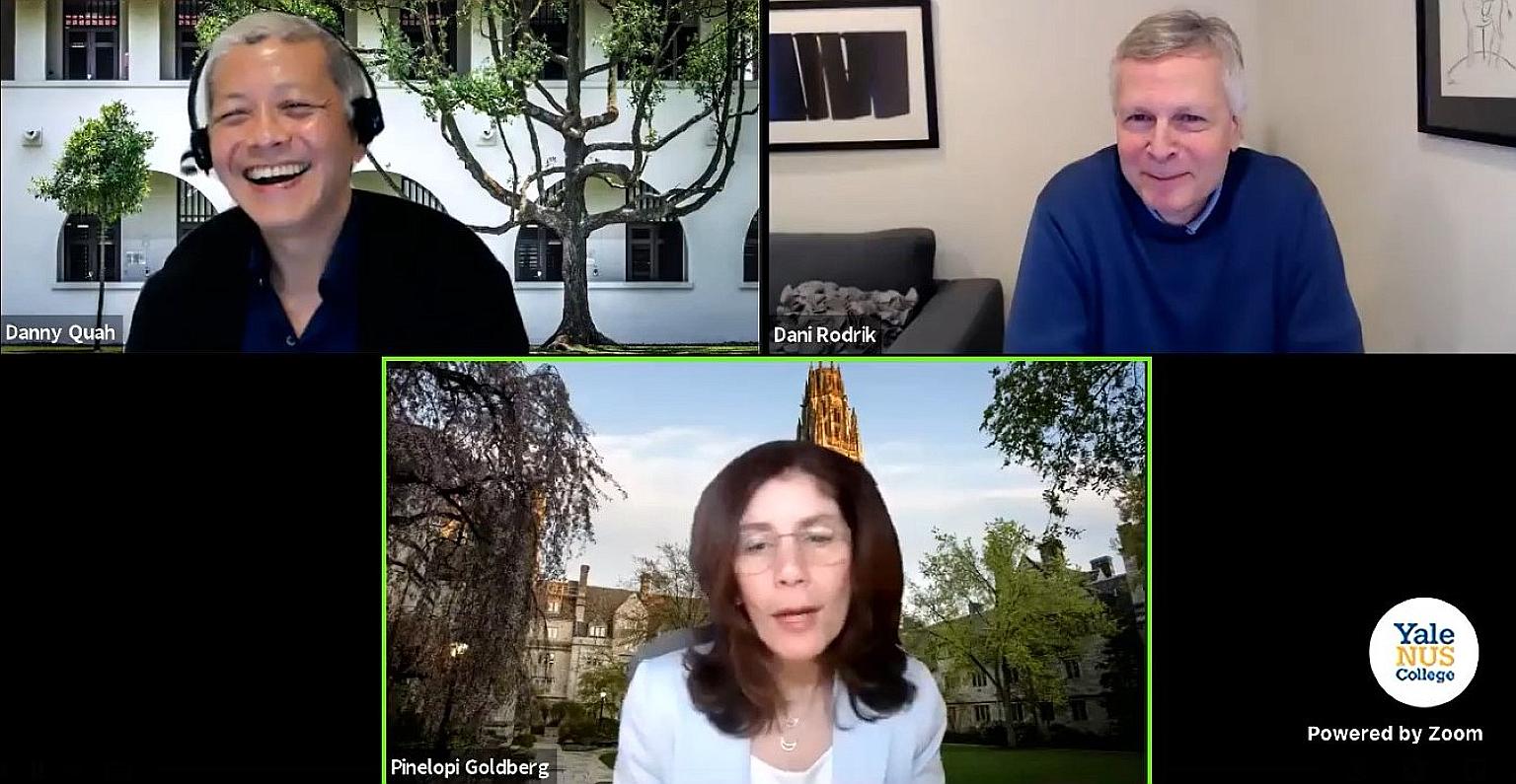 Participating in the Yale-NUS Global Affairs Lecture were (clockwise from below) former World Bank chief economist and Yale University professor Pinelopi Goldberg; moderator and Lee Kuan Yew School of Public Policy dean Danny Quah; and Harvard Univer