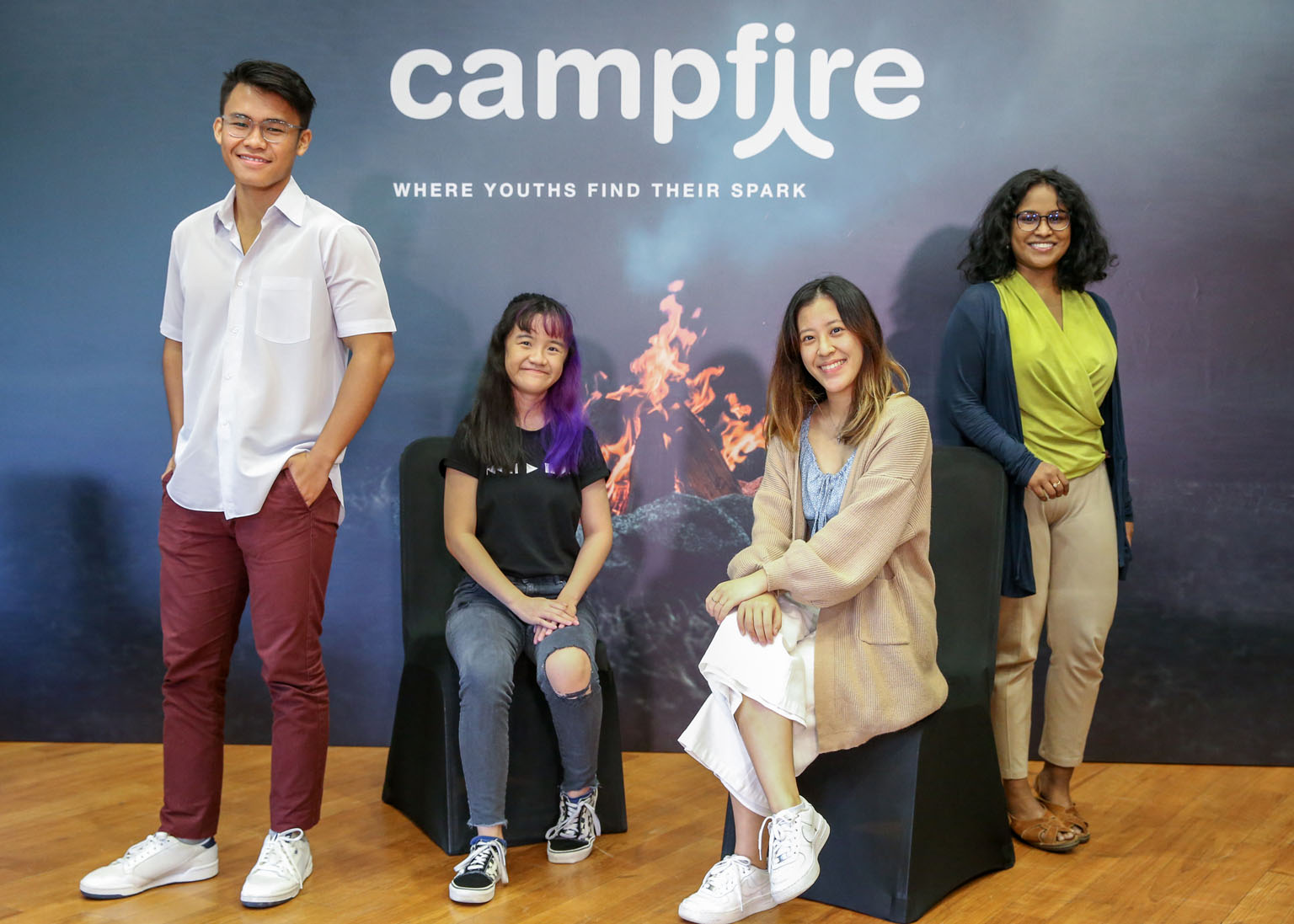 Campfire programme participants include (from left) full-time national serviceman Abdul Radhi, 21; Ngee Ann Polytechnic mass communication graduate Mabel Lee Si Yi, 20; NTU first-year communications student Debra Soh, 20; and artificial intelligence