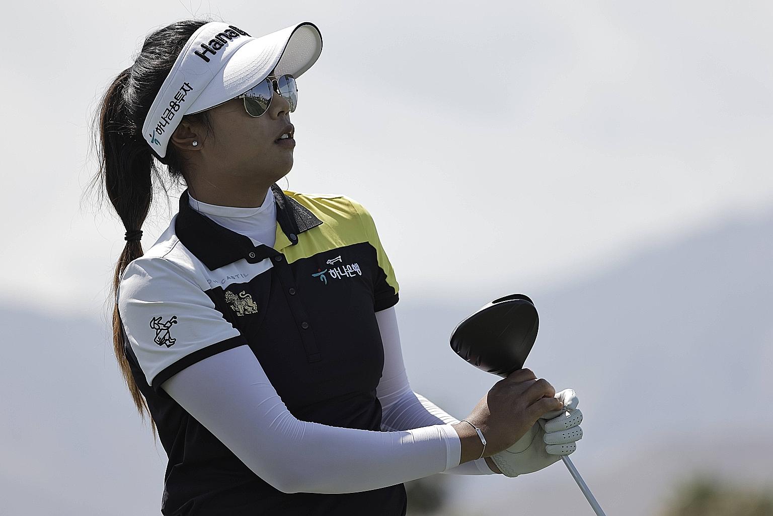 Thailand's Patty Tavatanakit watching her tee shot on the 18th hole during the first round of the ANA Inspiration on Thursday. She birdied the hole for a 66 and one-shot lead.