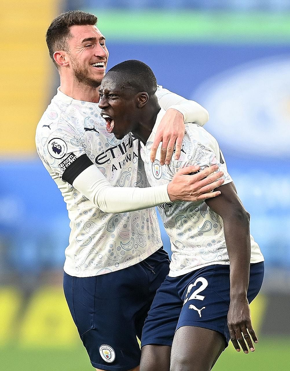 Manchester City's Benjamin Mendy (far right) celebrating with fellow defender Aymeric Laporte after scoring the opener in their 2-0 win at Leicester on Saturday. The Frenchmen were both absent from Didier Deschamps' Les Bleus squad for World Cup qual