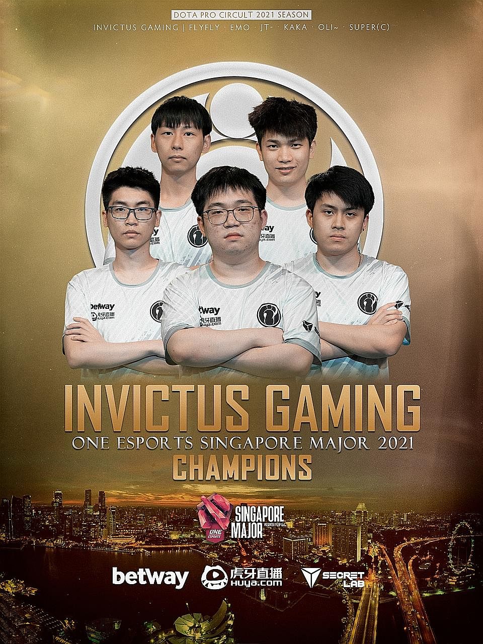 Hu Liangzhi (back row, right) played a big role in Invictus Gaming's 3-2 comeback victory in the grand final of the One Esports Dota 2 Singapore Major yesterday.