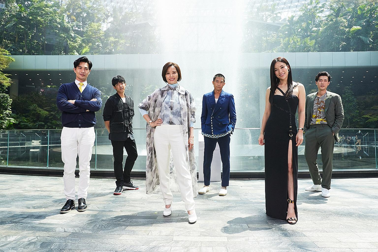 Celebrities (from left) Pierre Png, Benjamin Tan, Zoe Tay, Desmond Tan, Rebecca Lim and James Seah were at yesterday's virtual press conference at Jewel Changi Airport to announce the venue of this year's Star Awards.