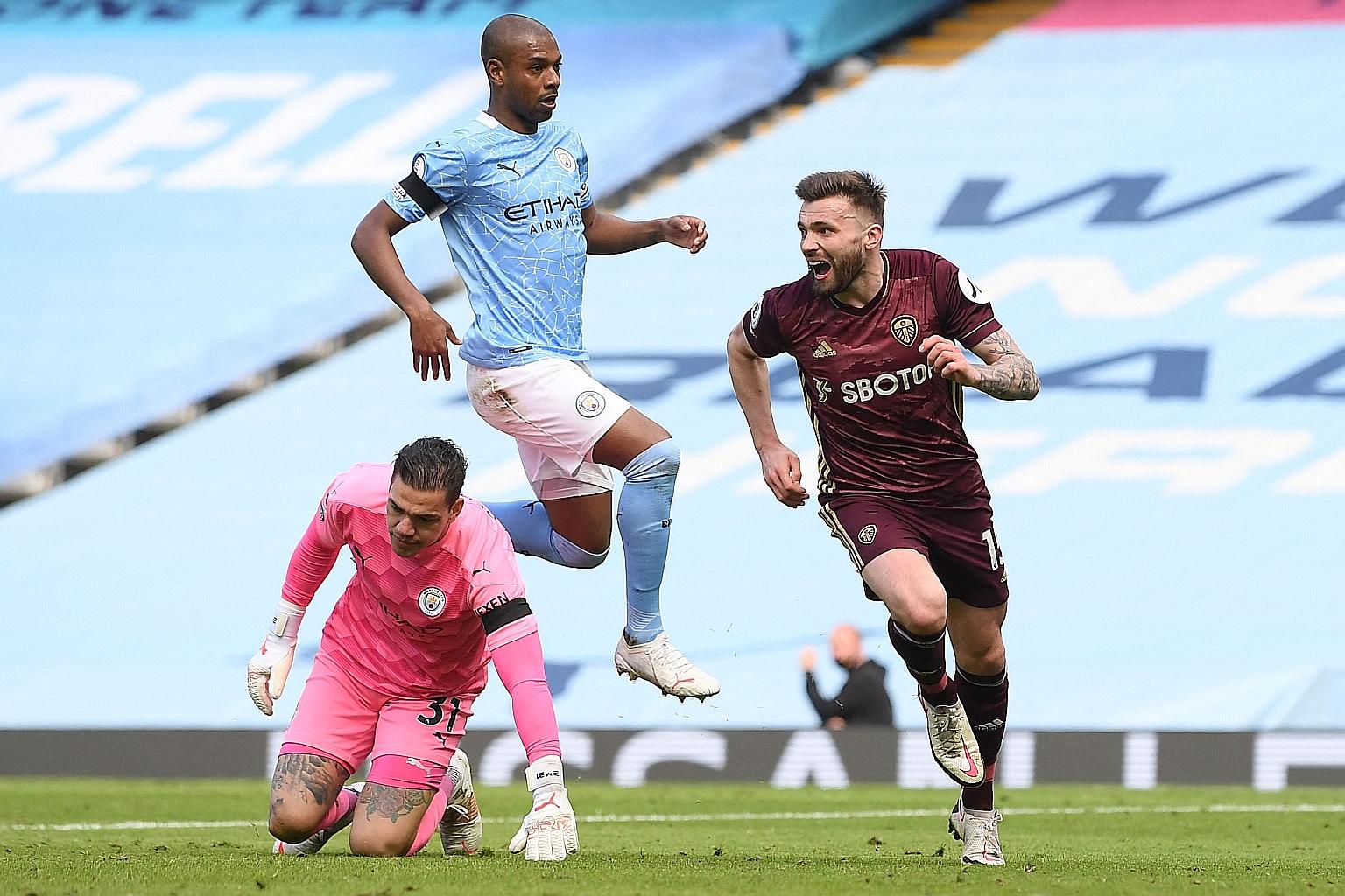 Leeds United's Stuart Dallas celebrating after scoring against Manchester City in their Premier League match at the Etihad Stadium yesterday.
