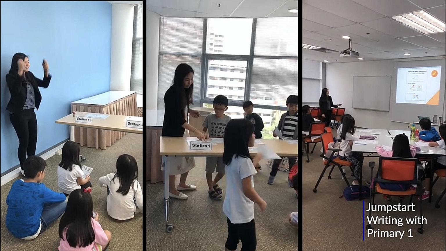 Video screengrabs of teachers from Write Edge coaching pupils during a writing workshop with The Straits Times in 2019. The writer started enrichment school Write Edge six years ago with only 12 students. It now has six locations and teaches close to