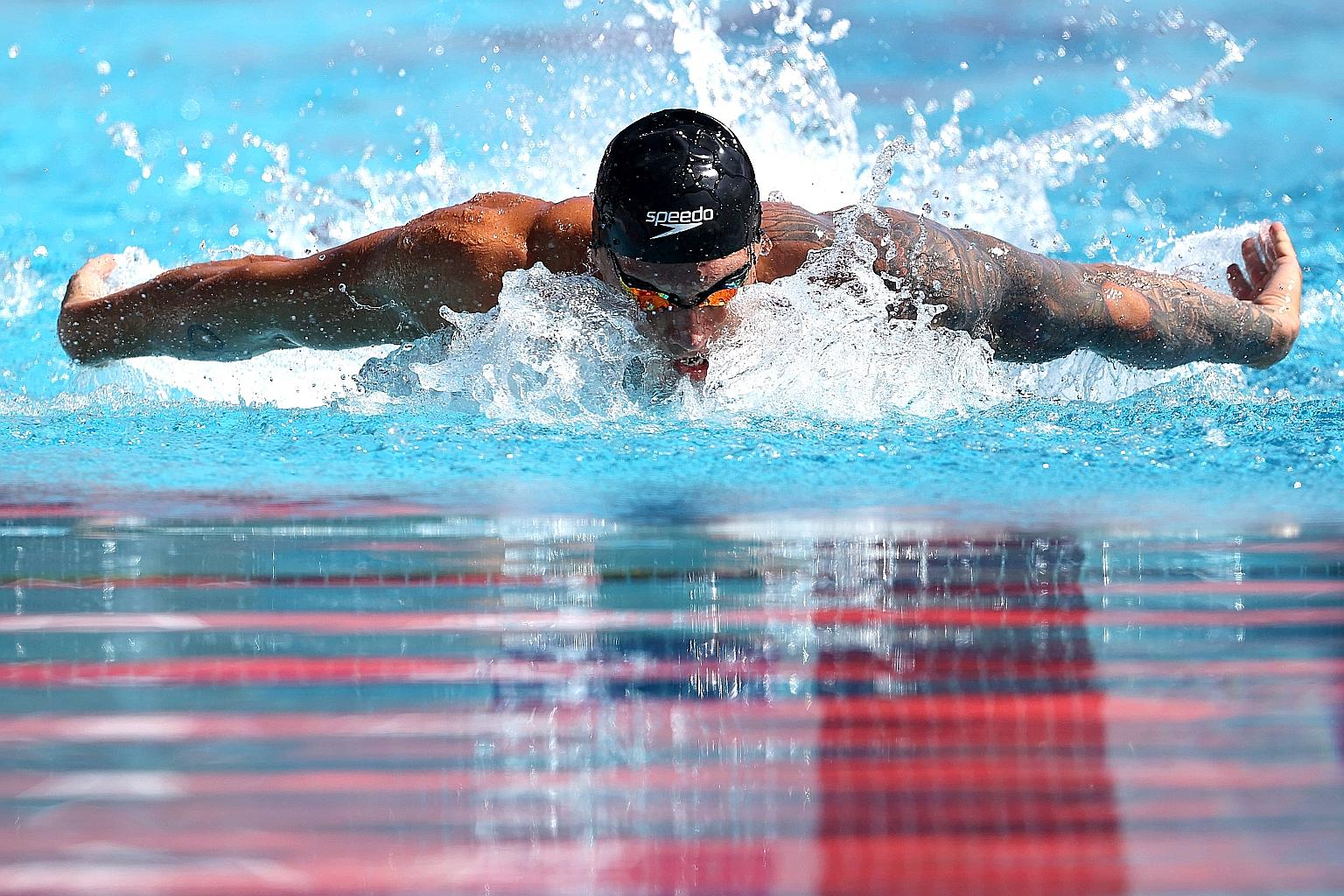 American Caeleb Dressel en route to winning the 100m fly final at the TYR Pro Swim Series at the Marguerite Aquatics Centre in California on Friday.