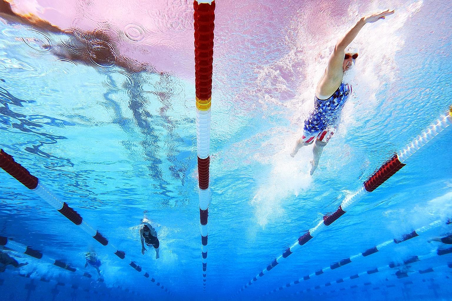 Olympic five-gold medallist Katie Ledecky on the way to winning Saturday's 400m freestyle at the Mission Viejo Pro Swim Series in 3:59.25 - the 20th time in her career that she has gone under four minutes.