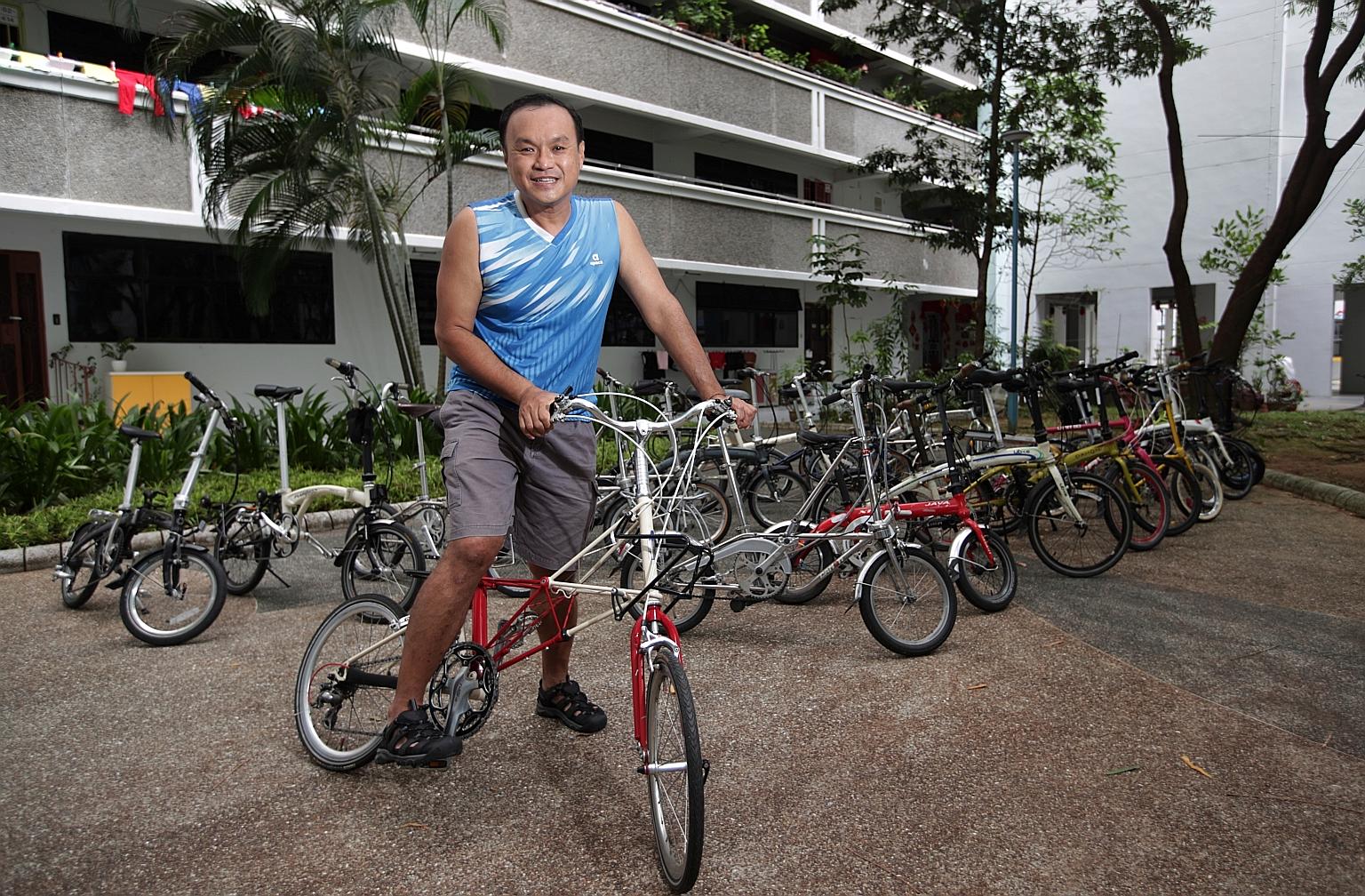 Avid cyclist Jenson Tan (above) has more than 20 bicycles, but is able to store them in his Housing Board flat as they are folding ones.