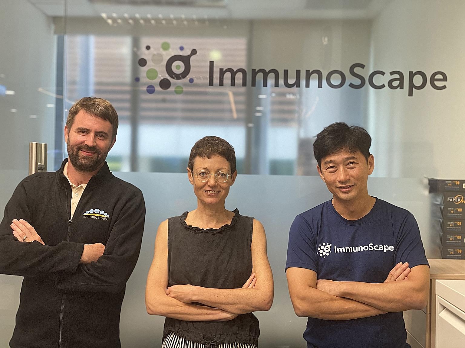 Local biotech firm ImmunoScape, which conducts research into the immune system, was co-founded by (from left) Dr Michael Fehlings, Dr Alessandra Nardin and Mr Ng Choon Peng. It plans to enlarge its Singapore-based team and further its expansion into 