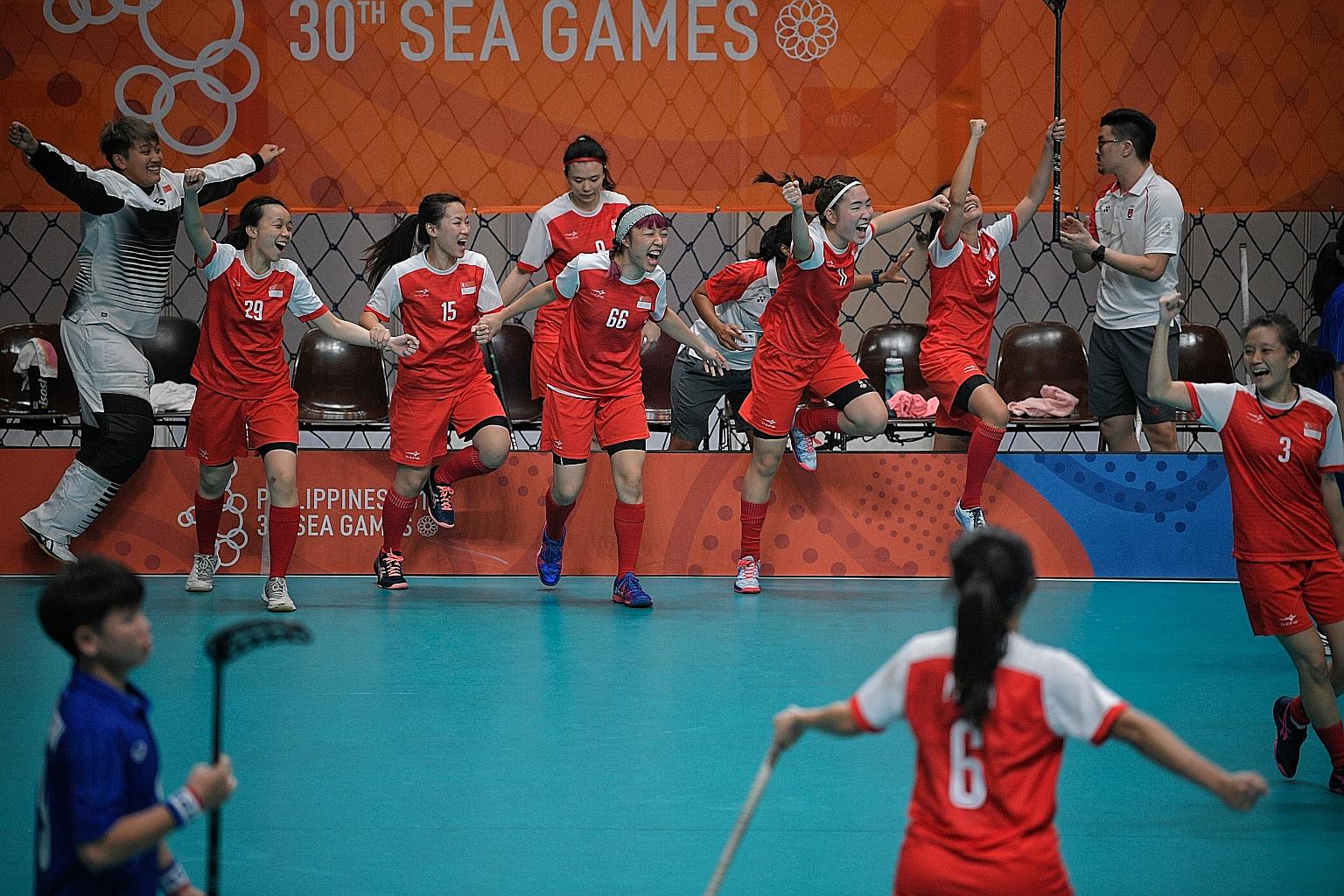 Singapore players celebrating their gold-medal feat at the SEA Games in the Philippines in 2019. Yesterday, the team, ranked 14th in the world, booked their ticket to the world championships in Sweden later this year.
