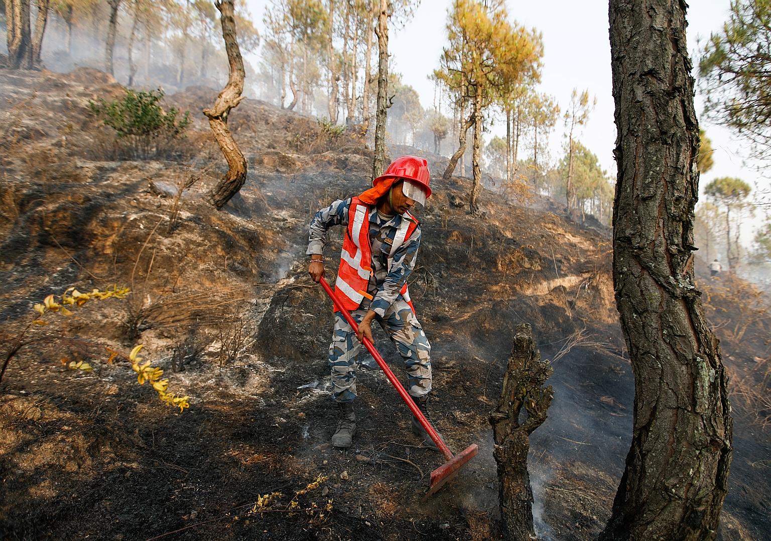 A member of Nepal's Armed Police Force working to control a forest fire at Shivapuri National Park overlooking Kathmandu on Sunday. There has been a worrying spread of wildfires in the country, as well as in the northern Indian Himalayan state of Utt