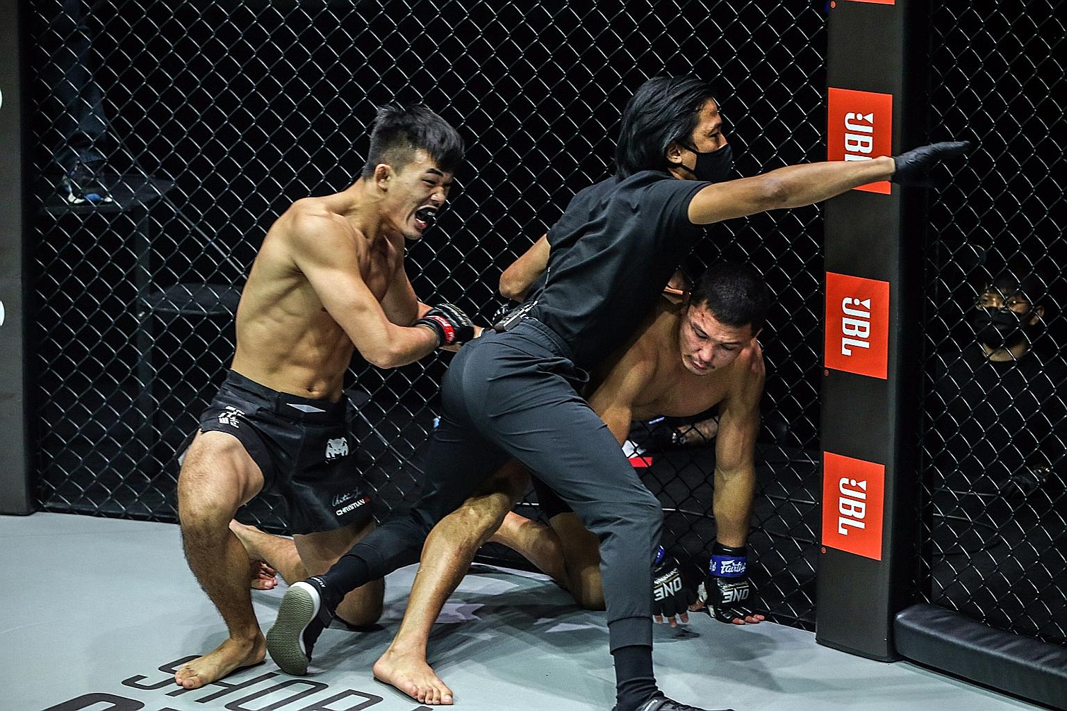 One lightweight world champion Christian Lee showing his prowess on his way to retaining his belt with a technical knockout win over Russian Timofey Nastyukhin at the One on TNT II event yesterday.