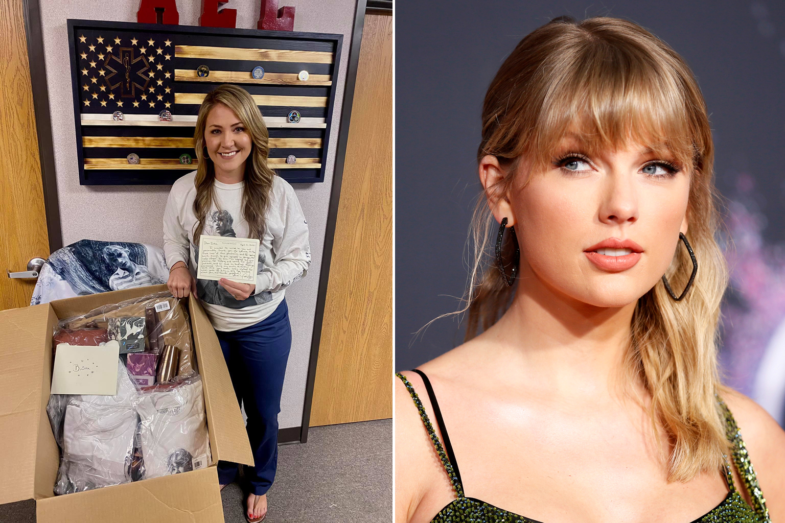 THANK YOU FOR CARING FOR PATIENTS: Nurse Britta Thomason (far left), a self-proclaimed fan of Taylor Swift (left), received a care package from the singer-songwriter on Wednesday. The Swiftie - as Swift's fans are known - posted on Facebook photos of