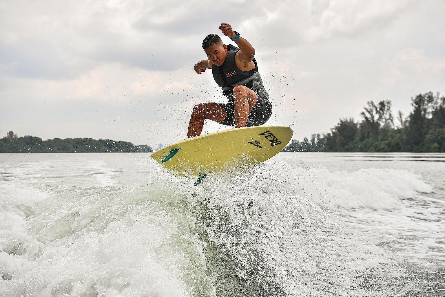 Marcus Lee doing the kind of tricks that helped him clinch the gold at the 2017 Manulife-Flash Wakeboard and Wakesurf Championships.