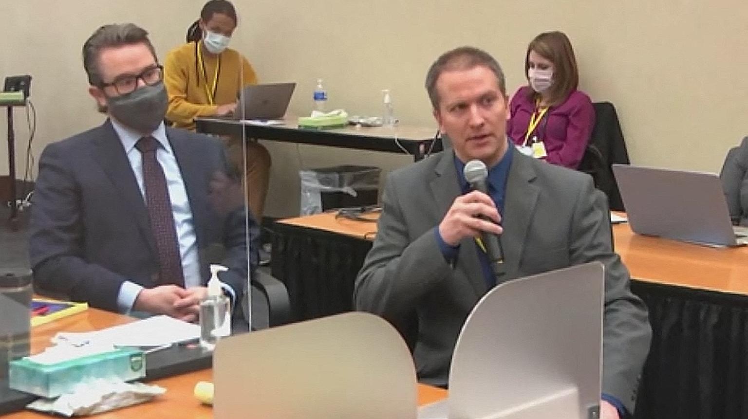 A screenshot from video feed via Court TV showing former Minneapolis police officer Derek Chauvin telling the court on Thursday that he would invoke his Fifth Amendment privilege. PHOTO: AGENCE FRANCE-PRESSE