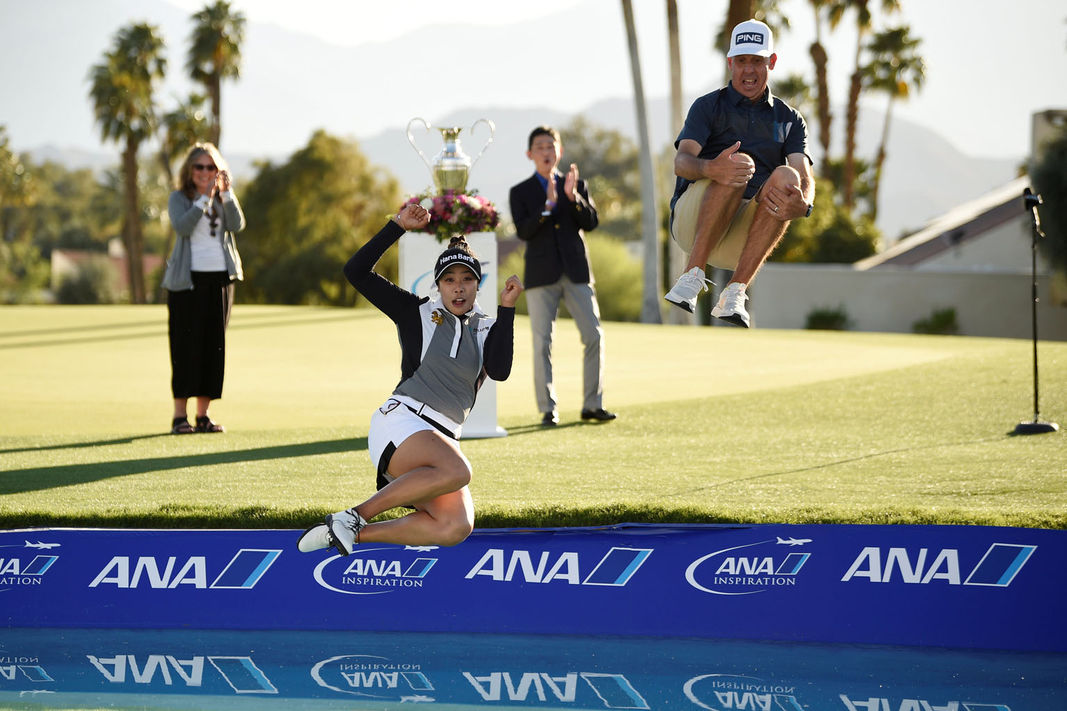 Patty Tavatanakit jumping into Poppie's Pond after winning the ANA Inspiration at Rancho Mirage Country Club on April 4. She will join fellow Major champion Kim A-lim in the field for the April 29-May 2 HSBC Women's World Championship at Sentosa Golf