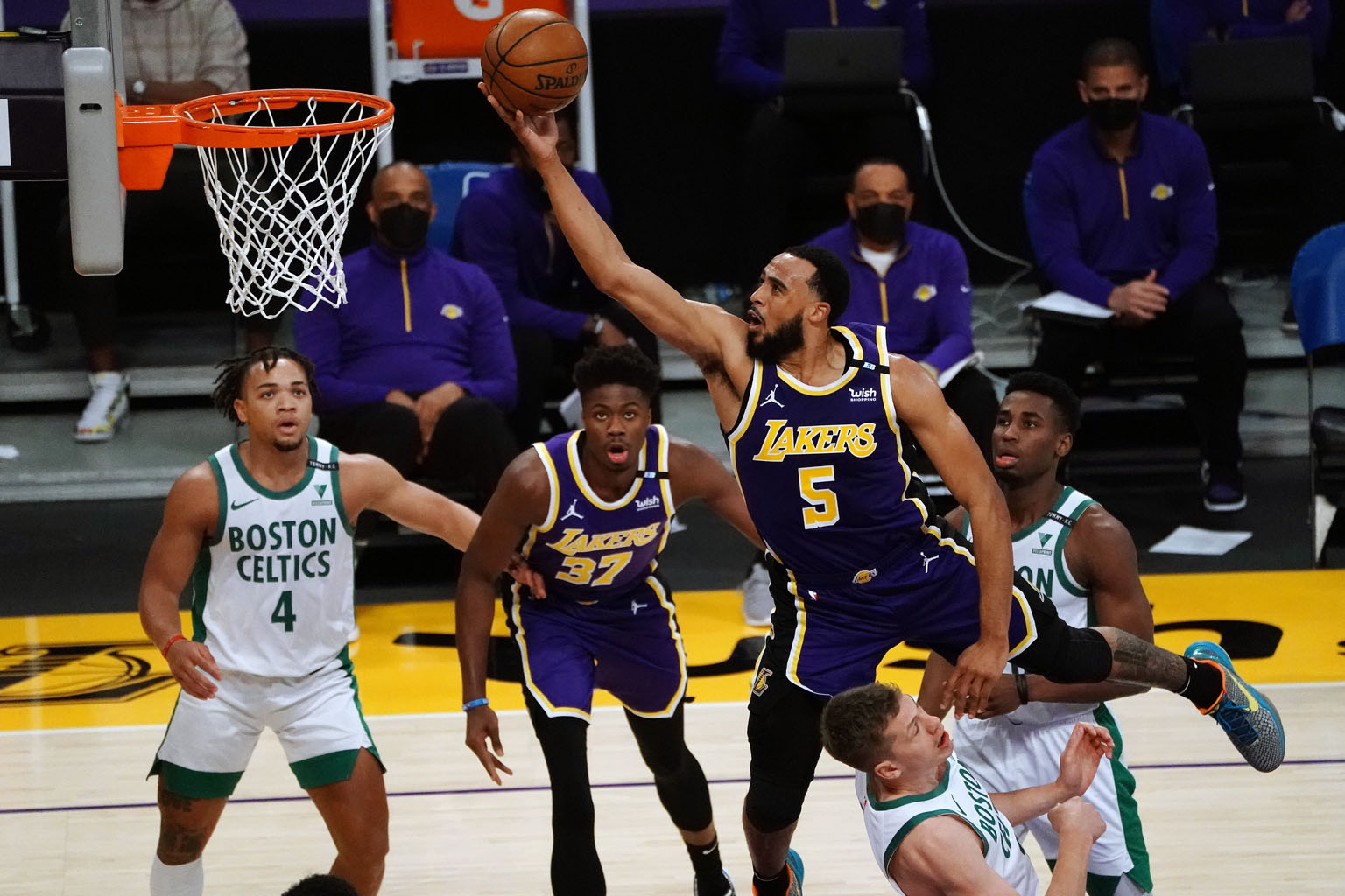 Talen Horton-Tucker scoring two of his 19 points for the Los Angeles Lakers, whose 121-113 loss to the Boston Celtics at the Staples Centre on Thursday saw them slide down the Western Conference standings to fifth.