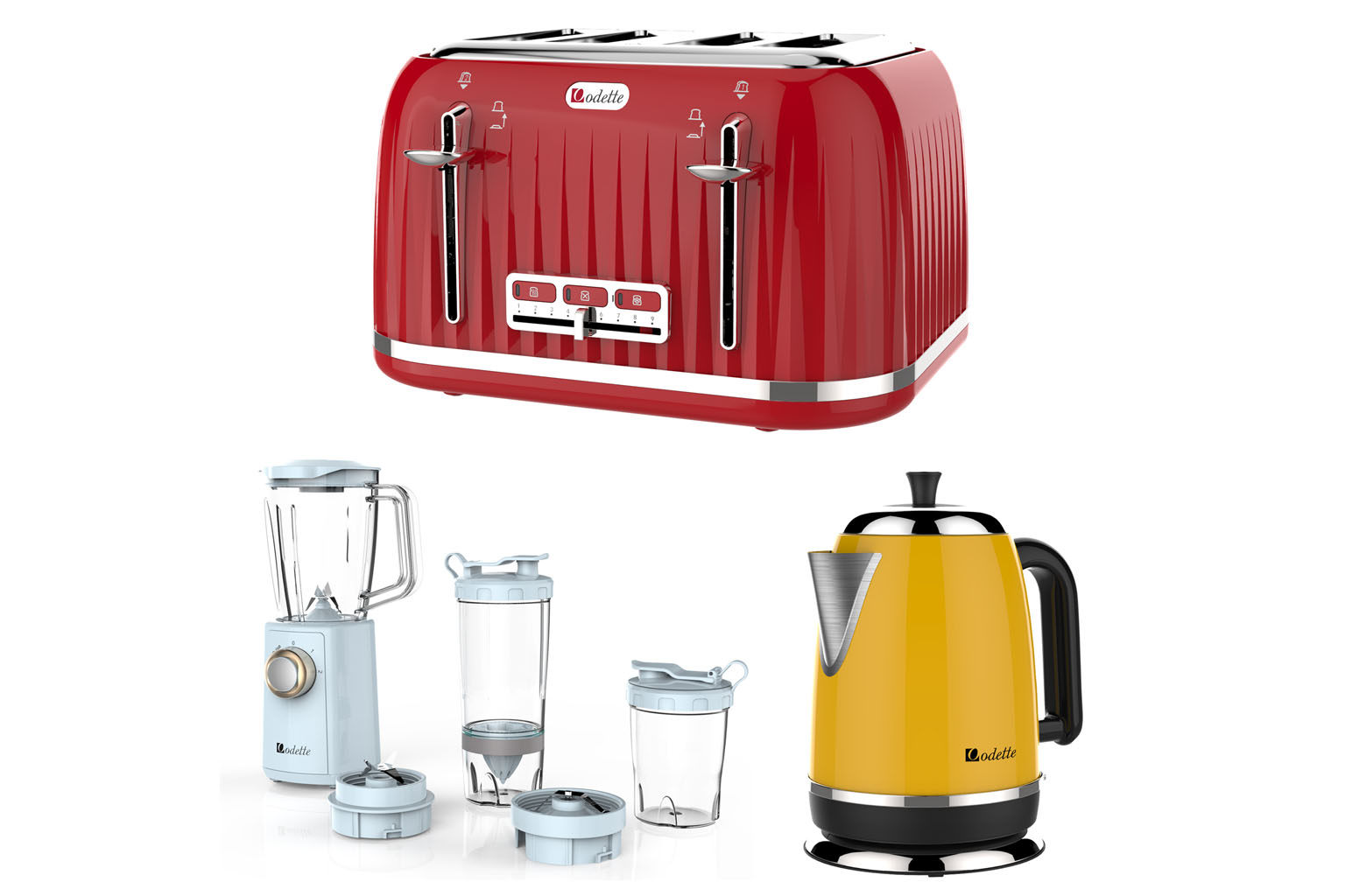 Clockwise from Top, Odette's Jukebox series 4-slice bread toaster; Streamline series 1.7l stainless steel electric kettle; and multifunction Smoothie To Go personal blender. SPH subscribers get a 20 per cent discount.