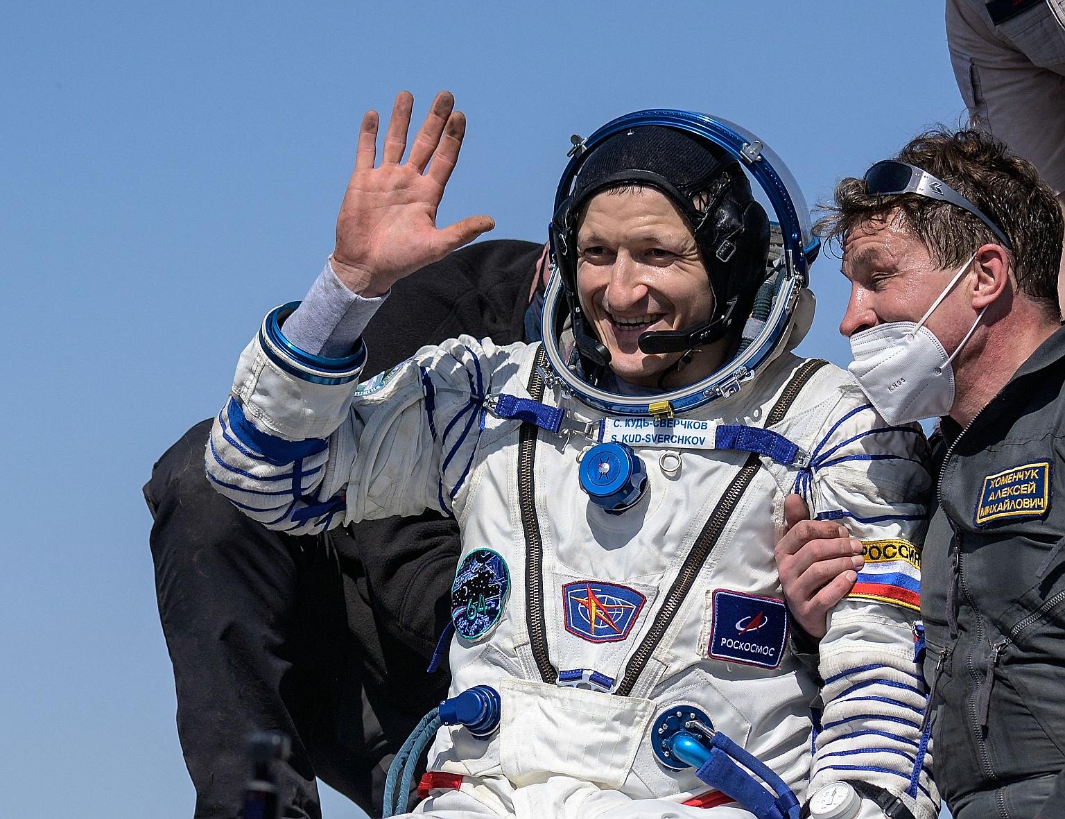 Russians Sergei Kud-Sverchkov (above) and Sergei Ryzhikov, as well as American Kate Rubins, landed on the steppe of Kazakhstan yesterday after a half-year mission on the International Space Station.