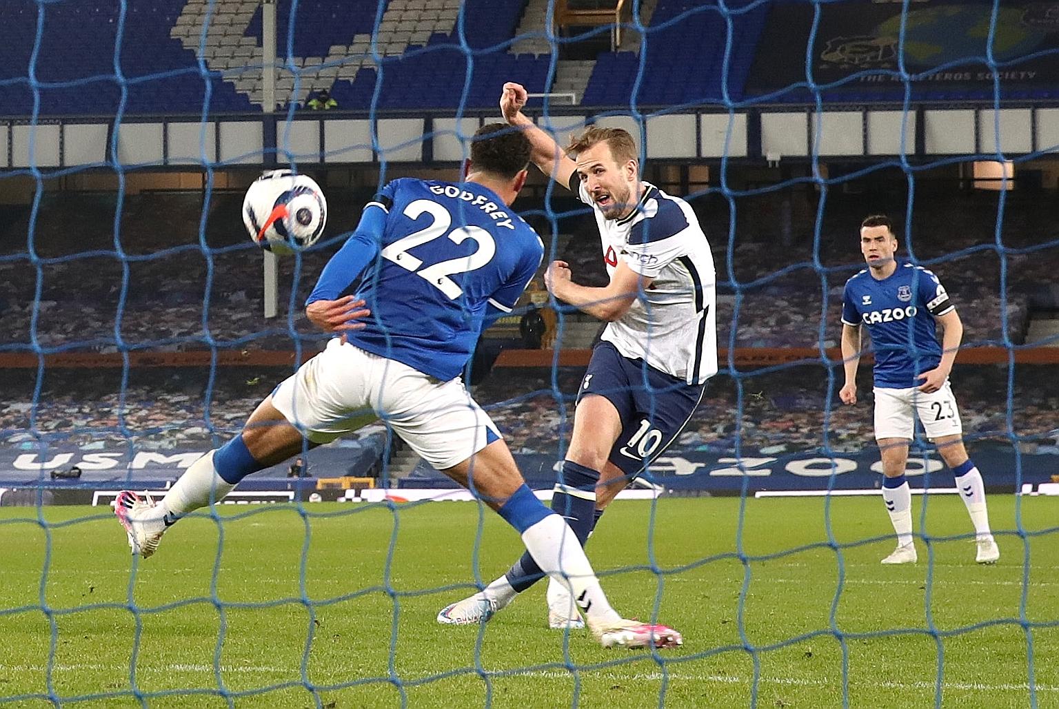 Tottenham Hotspur striker Harry Kane scoring their second goal against Everton in the 2-2 Premier League draw at Goodison Park on Friday.