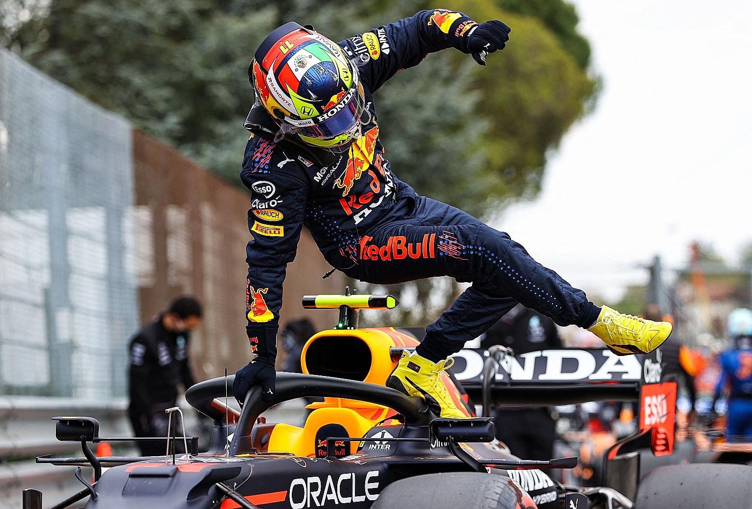Sergio Perez getting out of his Red Bull after grabbing second place on the starting grid at the Emilia Romagna Grand Prix.