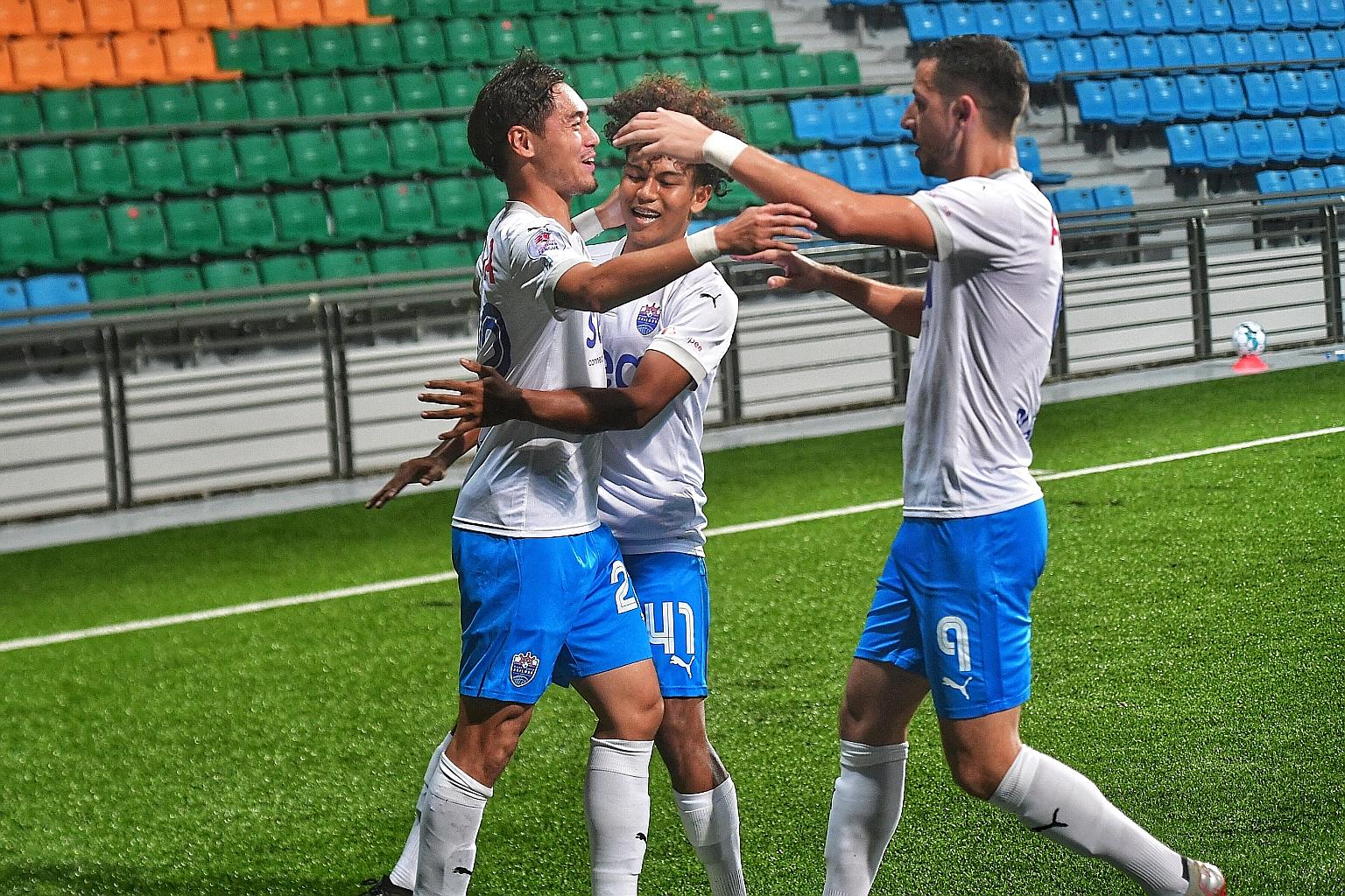 Reigning Player of the Year Gabriel Quak (far left) has seven goals this term. He scored in the sixth minute as the Lion City Sailors beat Balestier Khalsa 4-1 yesterday.