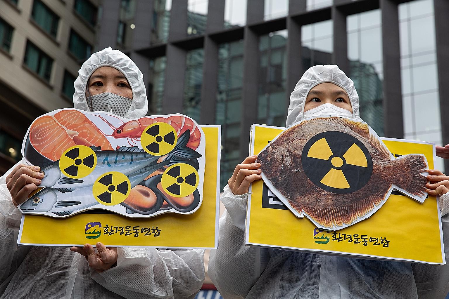Environmentalists protesting in Seoul last Tuesday against the release of treated water from the Fukushima nuclear power plant into the ocean. US envoy John Kerry said on his visit to South Korea that Tokyo had made the decision in a transparent mann