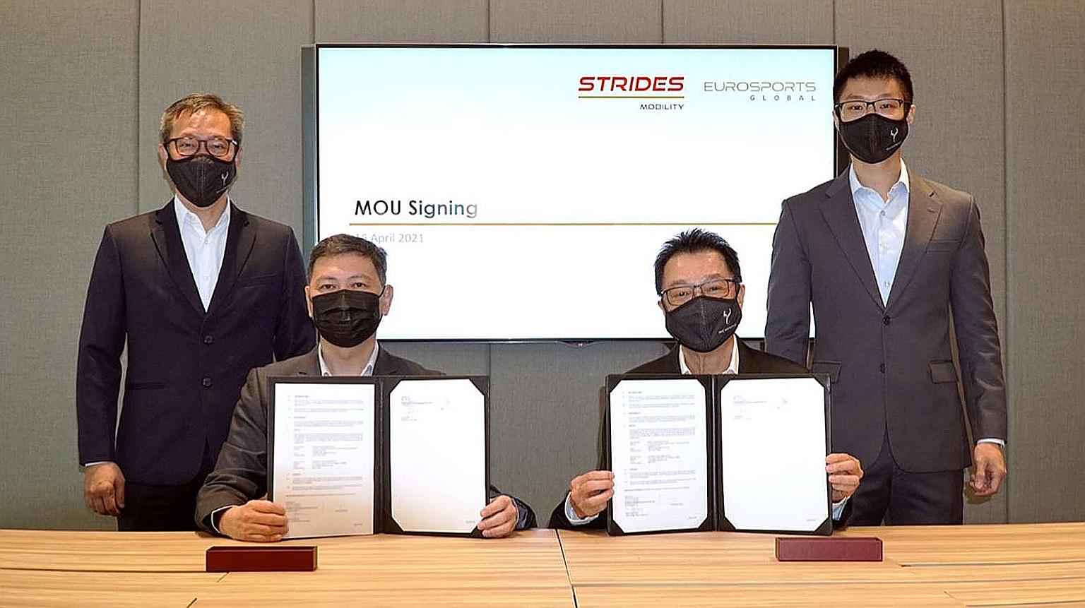 From left: Mr Yeow How Pheng, head of Strides Mobility Services; Mr Tan Kian Heong, president of SMRT Road Holdings; Mr Melvin Goh, executive chairman and CEO of EuroSports Global; and Mr Joshua Goh, executive - CEO Office, EuroSports Global, at the 