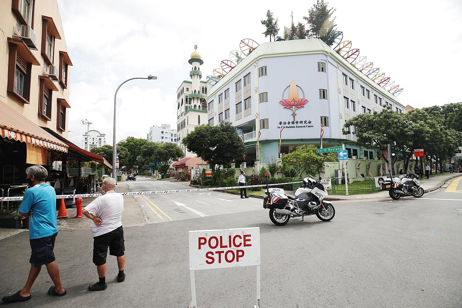 The site in Geylang was cordoned off yesterday after a construction worker found the projectile and called the police. The suspected war relic was discovered outside Lin San Temple, located at 27 Lorong 12 Geylang.