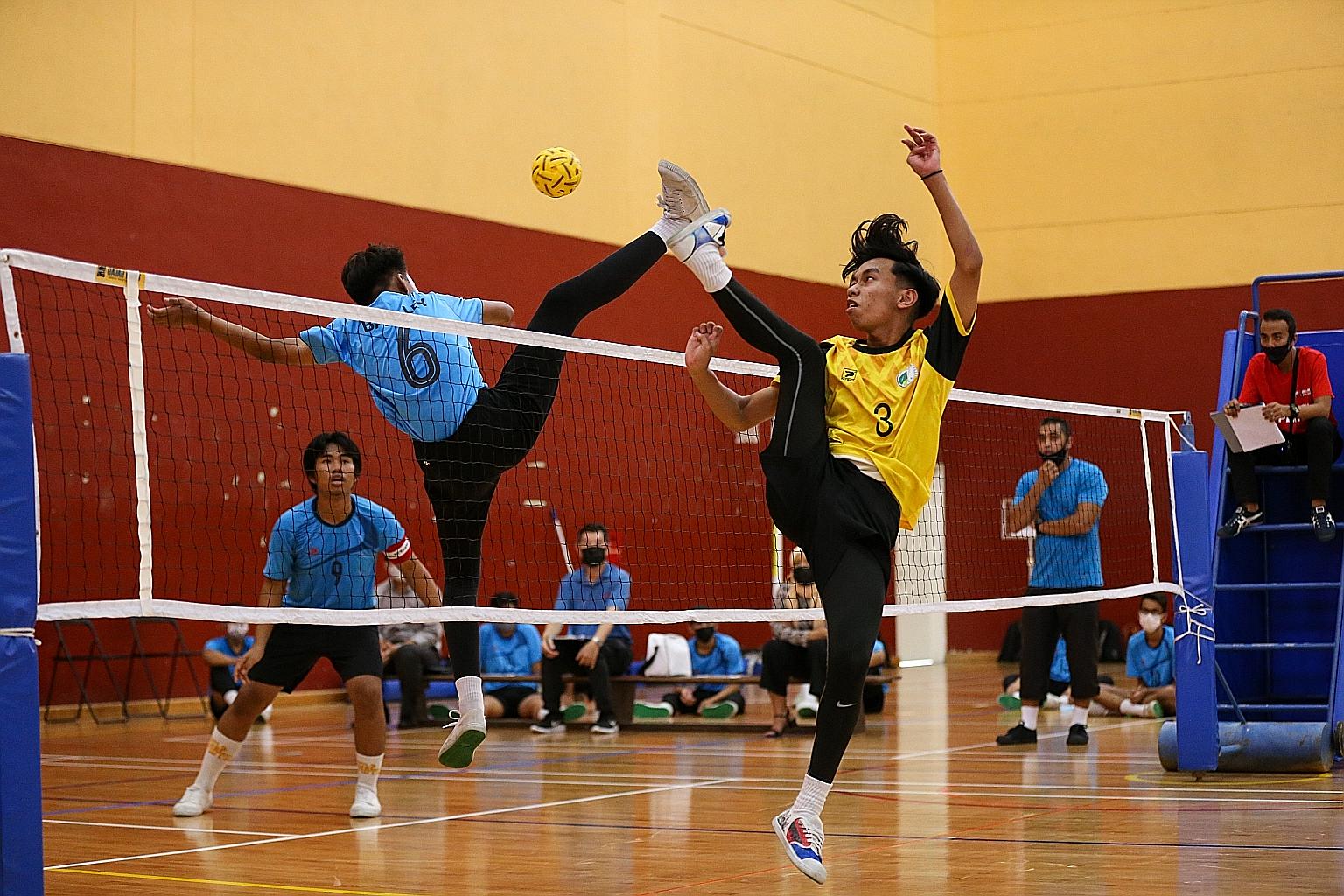 Jurongville Secondary School (in yellow) beating Bartley Secondary School 2-1 to win the National School Games B Division boys' sepak takraw final yesterday. The last time they won the title was in 2011.