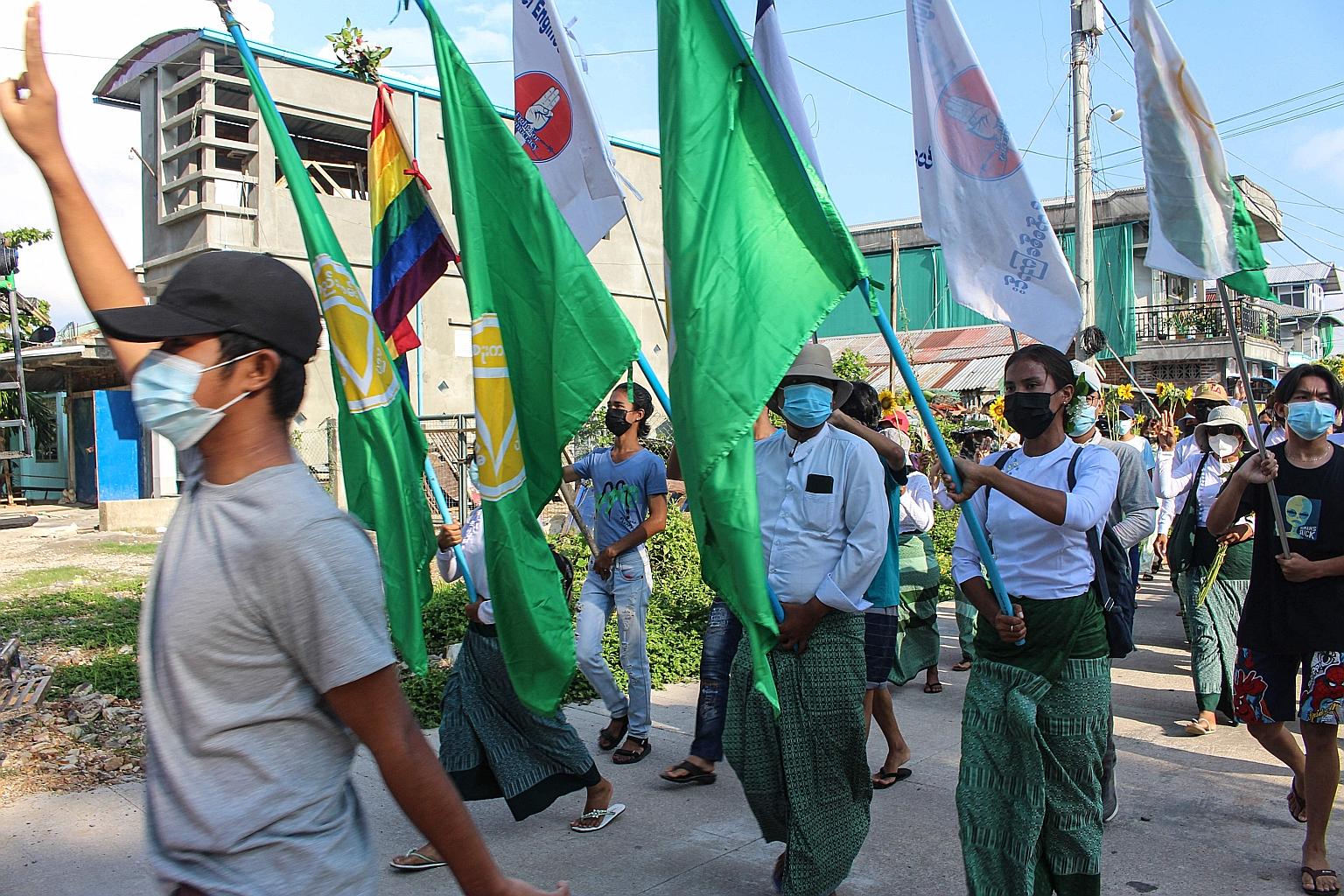 A photo released by Dawei Watch yesterday showing protesters during a rally against the military coup in Dawei, Myanmar. The country has been in crisis since the military seized power from Ms Aung San Suu Kyi's elected government on Feb 1, with almos