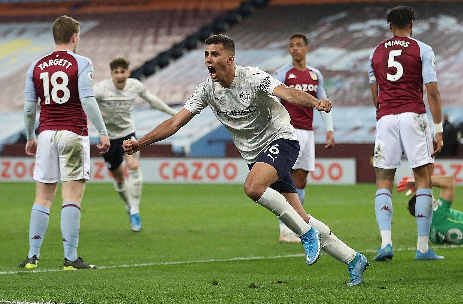 Rodrigo celebrating after scoring what turned out to be Manchester City's winner in their 2-1 victory over Aston Villa. They need at most eight points from five games to seal a third league title in four seasons.