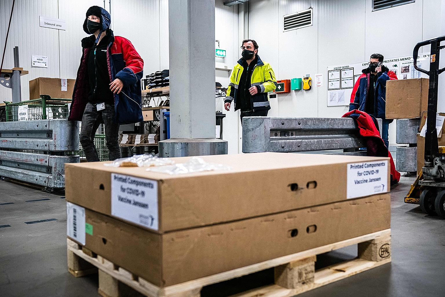 Johnson & Johnson's Covid-19 vaccine at a distribution centre in the Dutch city of Leiden this month. A plant in the US that makes the J&J shots has been told to stop production, owing to various problems.