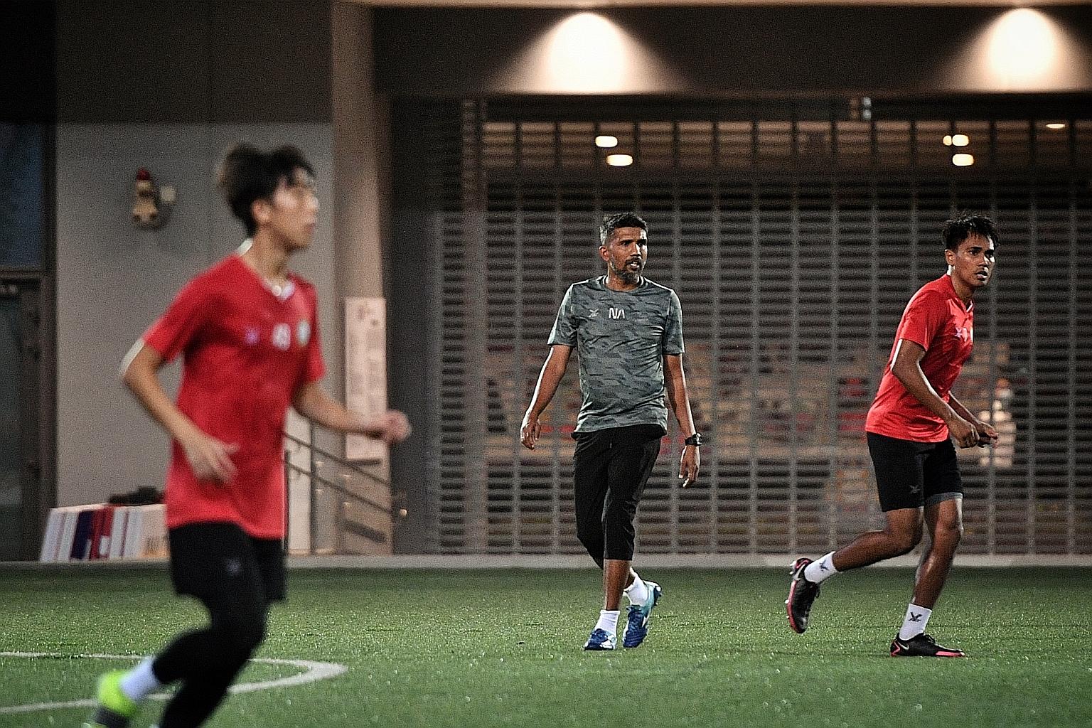 Geylang coach Noor Ali taking charge of a training session at Our Tampines Hub yesterday. The Eagles have lost five of their seven Singapore Premier League games this term.