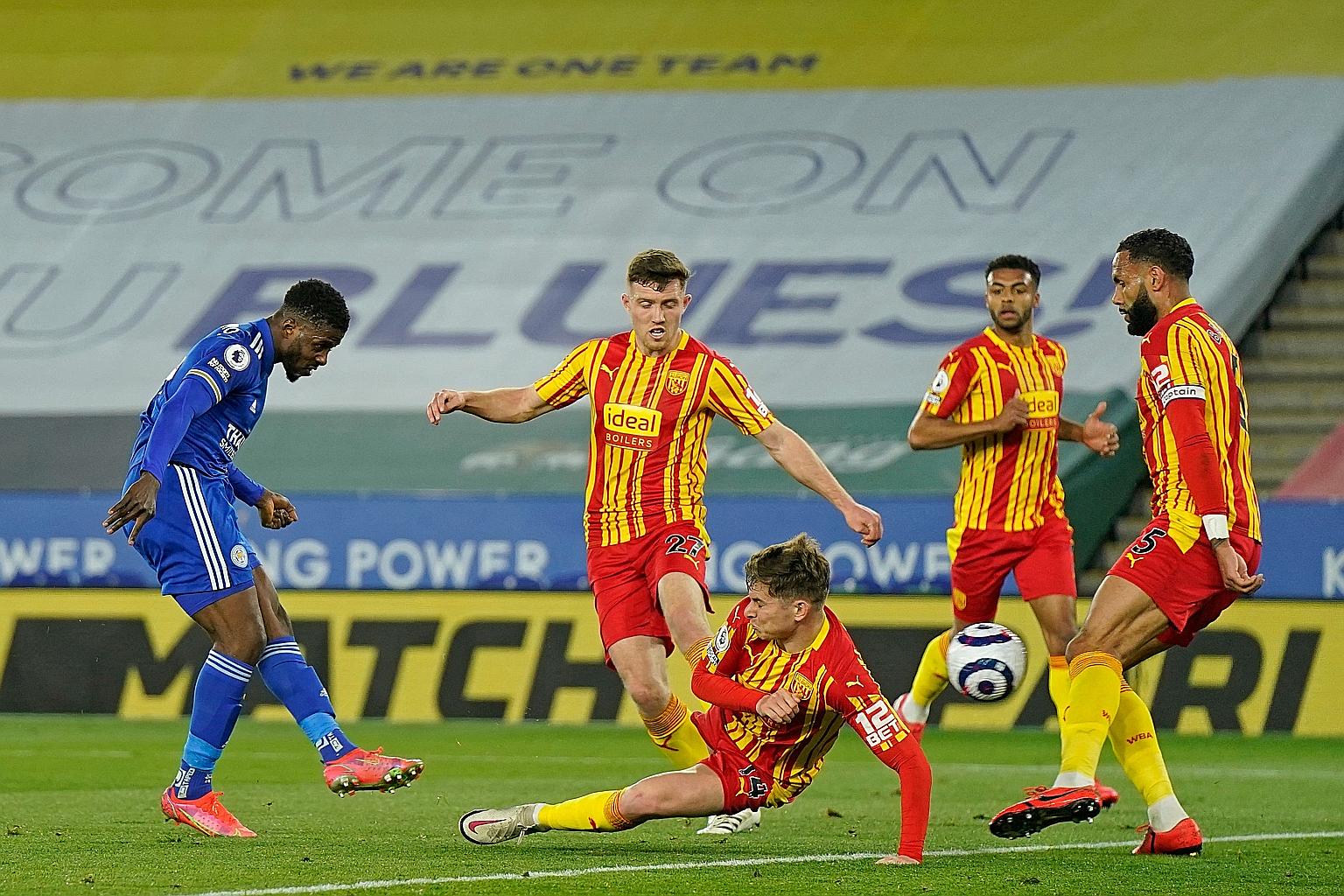 Leicester City's Kelechi Iheanacho scoring the final goal in their 3-0 Premier League win over West Bromwich Albion on Thursday. He is the club's top scorer with 16 goals in all competitions, one more than Jamie Vardy.