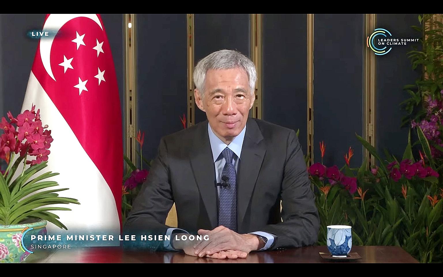 Prime Minister Lee Hsien Loong at the virtual Leaders Summit on Climate, where he talked about how Singapore as a financial hub can contribute to the global decarbonisation push.