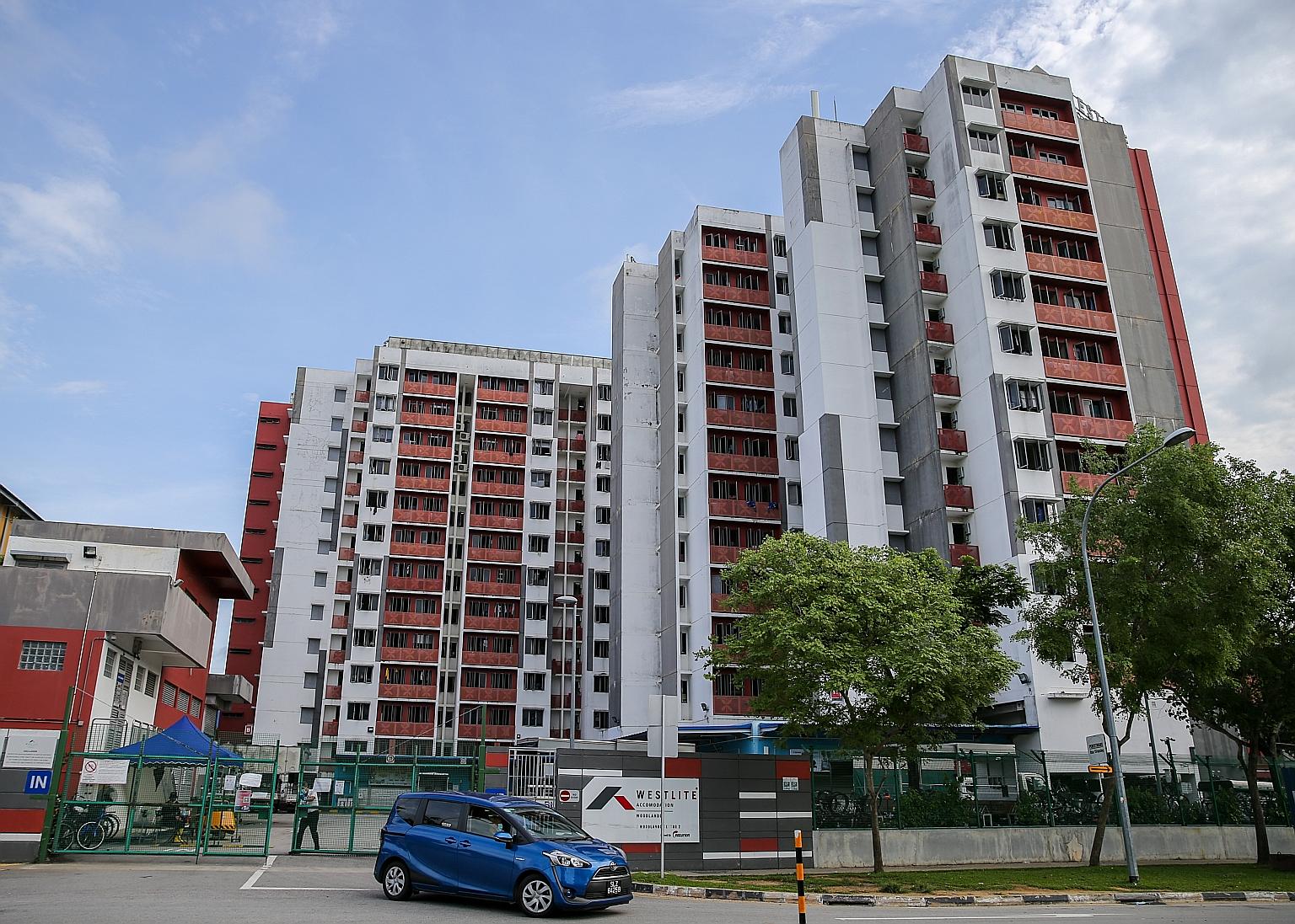 Westlite Woodlands dormitory, where new Covid-19 cases were reported this week. Since April last year, when Covid-19 cases in dorms hit a peak of more than 1,000 a day, additional sites and bed spaces have been added to house about 60,000 migrant wor